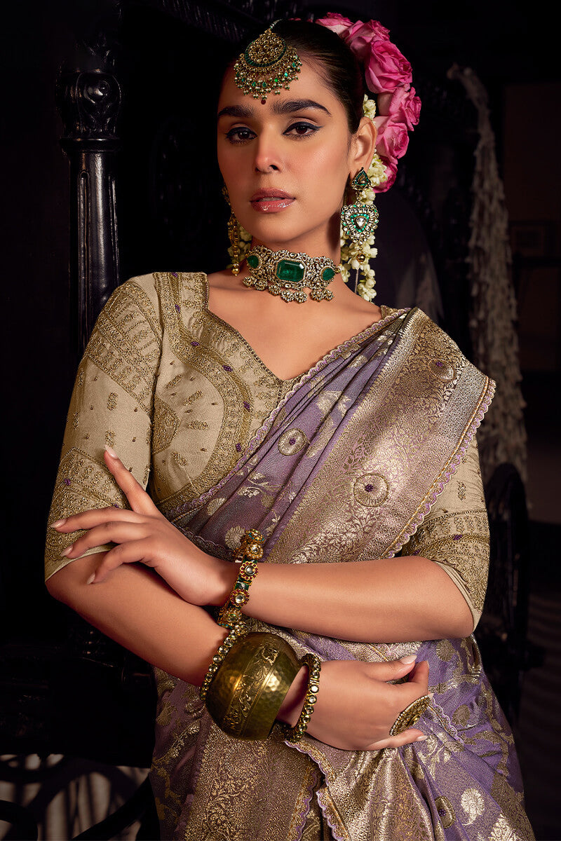 Invaluable Lavender Pure Viscose Tissue Banrasi Silk Saree With Groovy Blouse Piece