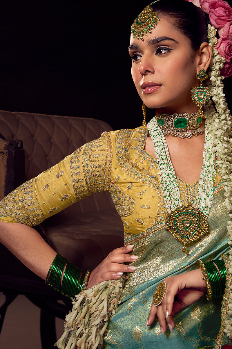 Blissful Sea Green Pure Viscose Tissue Banrasi Silk Saree With Glowing Blouse Piece