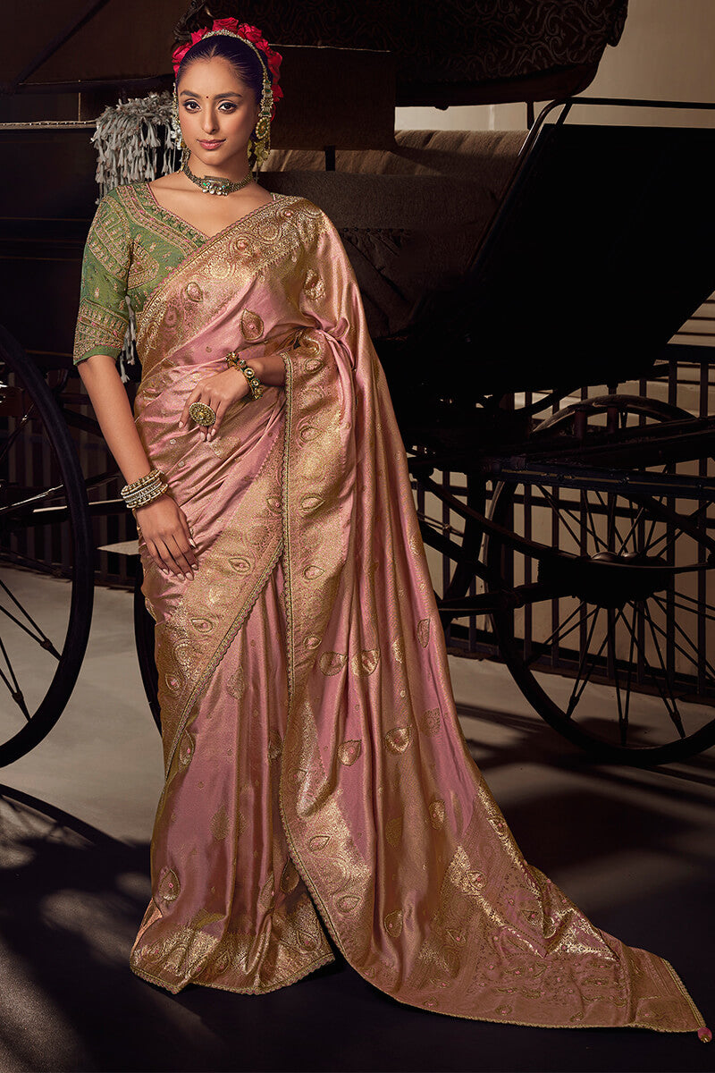 Bewitching Pink Pure Viscose Tissue Banrasi Silk Saree With Brood Blouse Piece