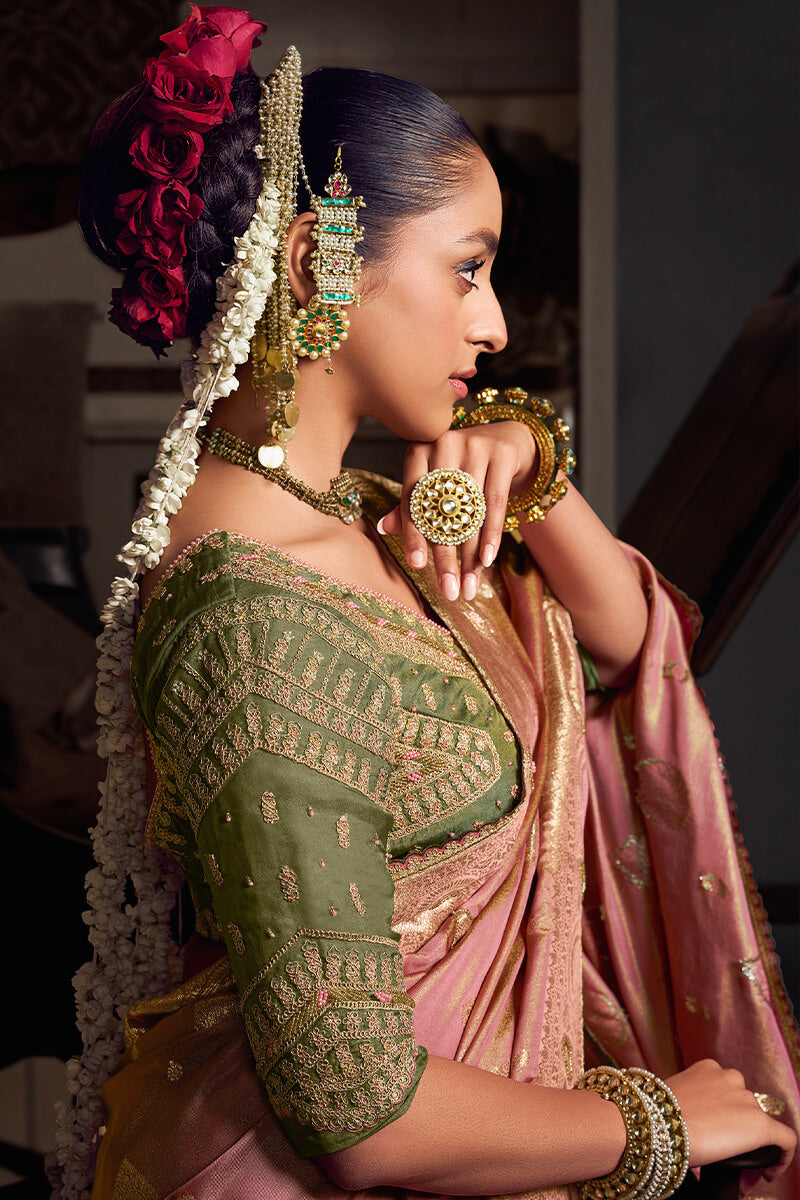 Bewitching Pink Pure Viscose Tissue Banrasi Silk Saree With Brood Blouse Piece