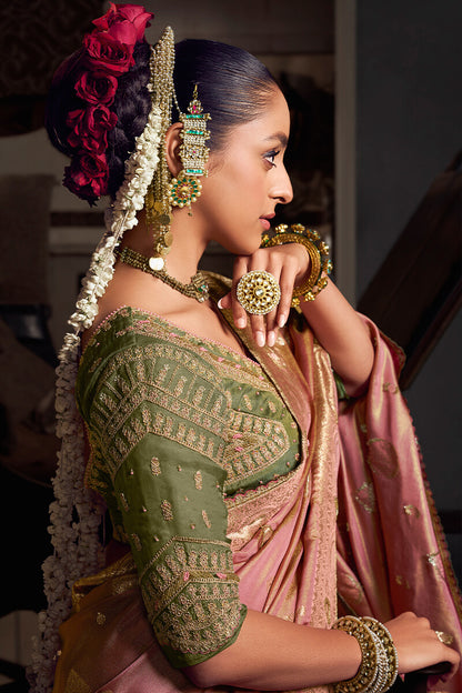 Bewitching Pink Pure Viscose Tissue Banrasi Silk Saree With Brood Blouse Piece