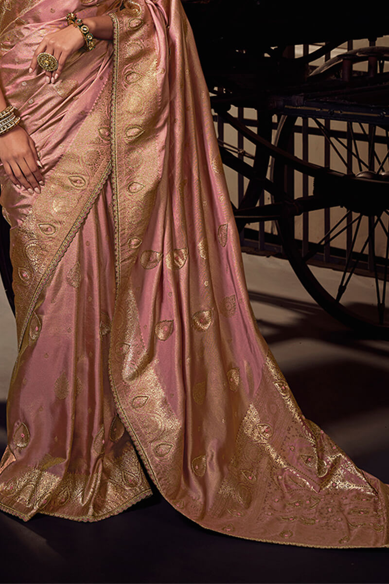Bewitching Pink Pure Viscose Tissue Banrasi Silk Saree With Brood Blouse Piece