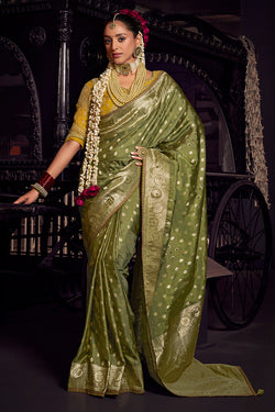 Lassitude Green Pure Viscose Tissue Banarasi Silk Saree With Staring Blouse Piece