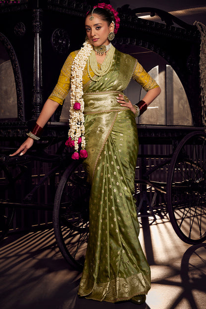 Lassitude Green Pure Viscose Tissue Banrasi Silk Saree With Staring Blouse Piece