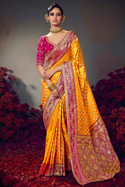 Gratifying Yellow Banarasi Satin Silk Saree With Embellished Blouse Piece