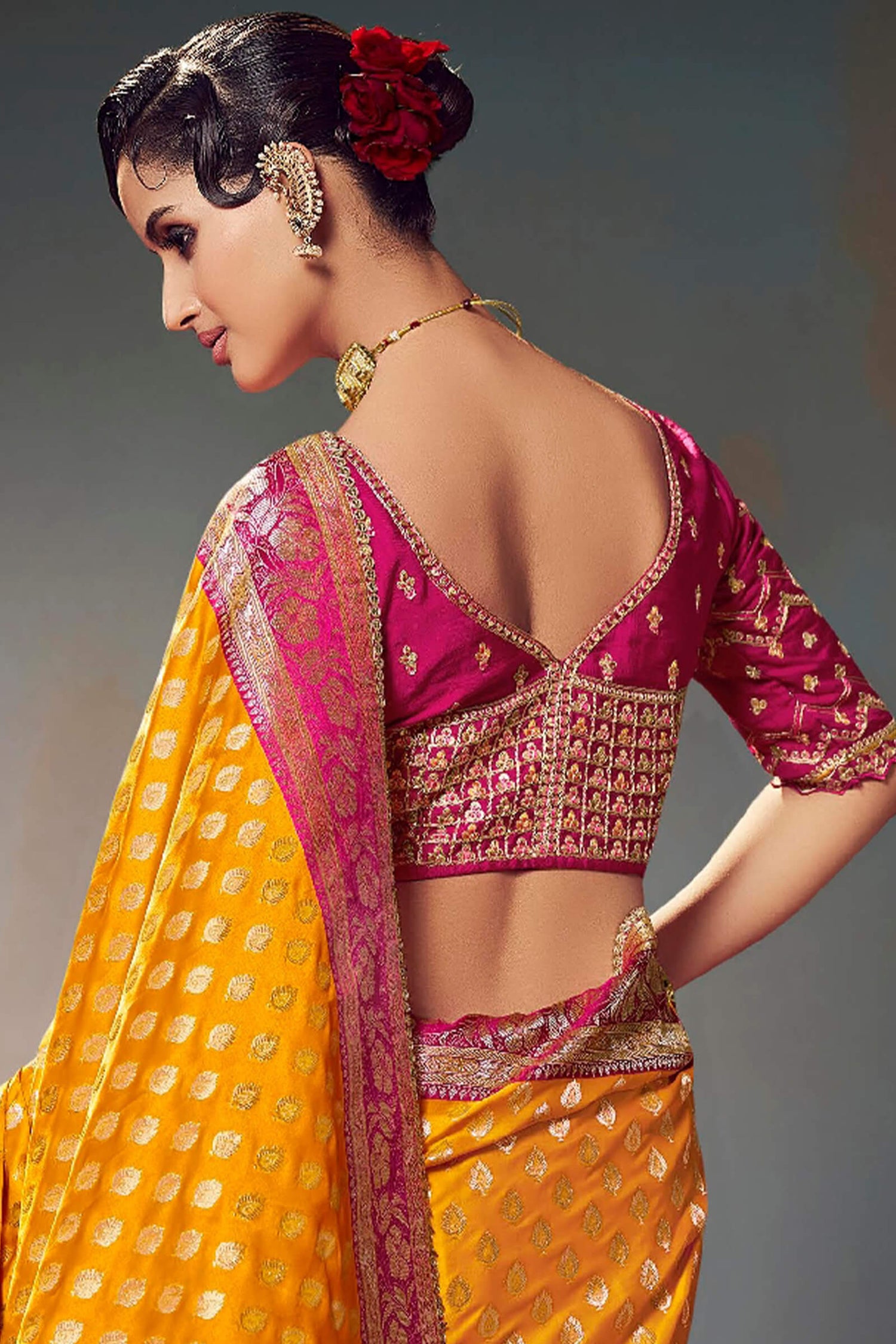 Gratifying Yellow Banarasi Satin Silk Saree With Embellished Blouse Piece