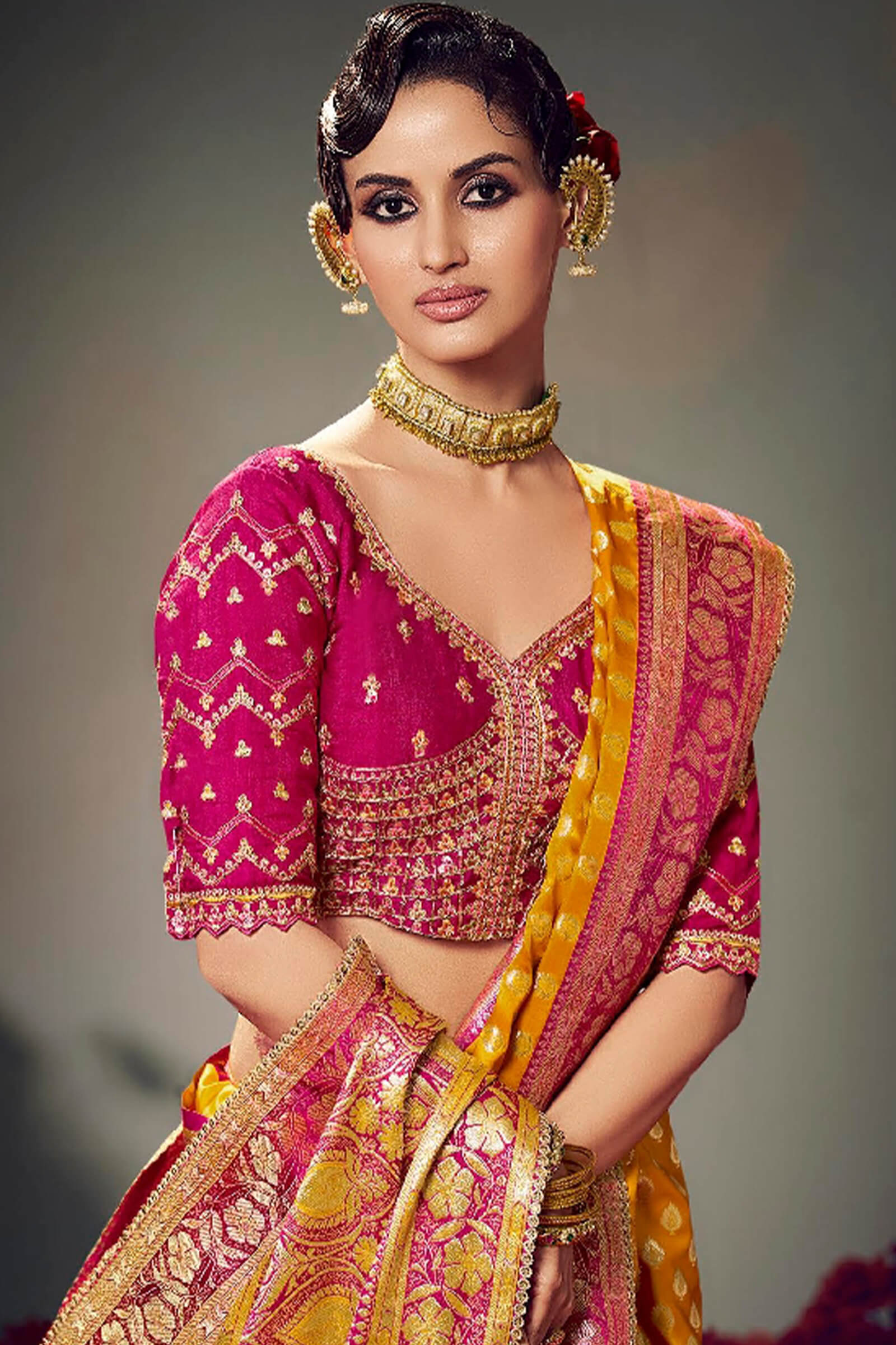 Gratifying Yellow Banarasi Satin Silk Saree With Embellished Blouse Piece