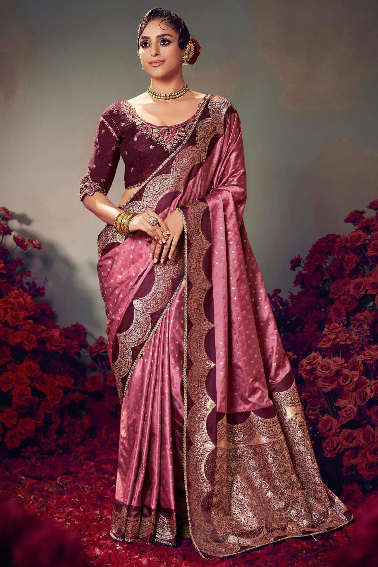 Staring Pink Banarasi Satin Silk Saree With Intricate Blouse Piece
