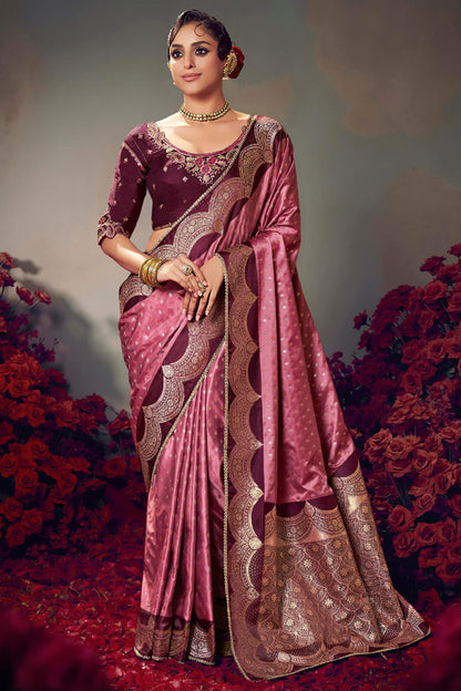 Staring Pink Banarasi Satin Silk Saree With Intricate Blouse Piece