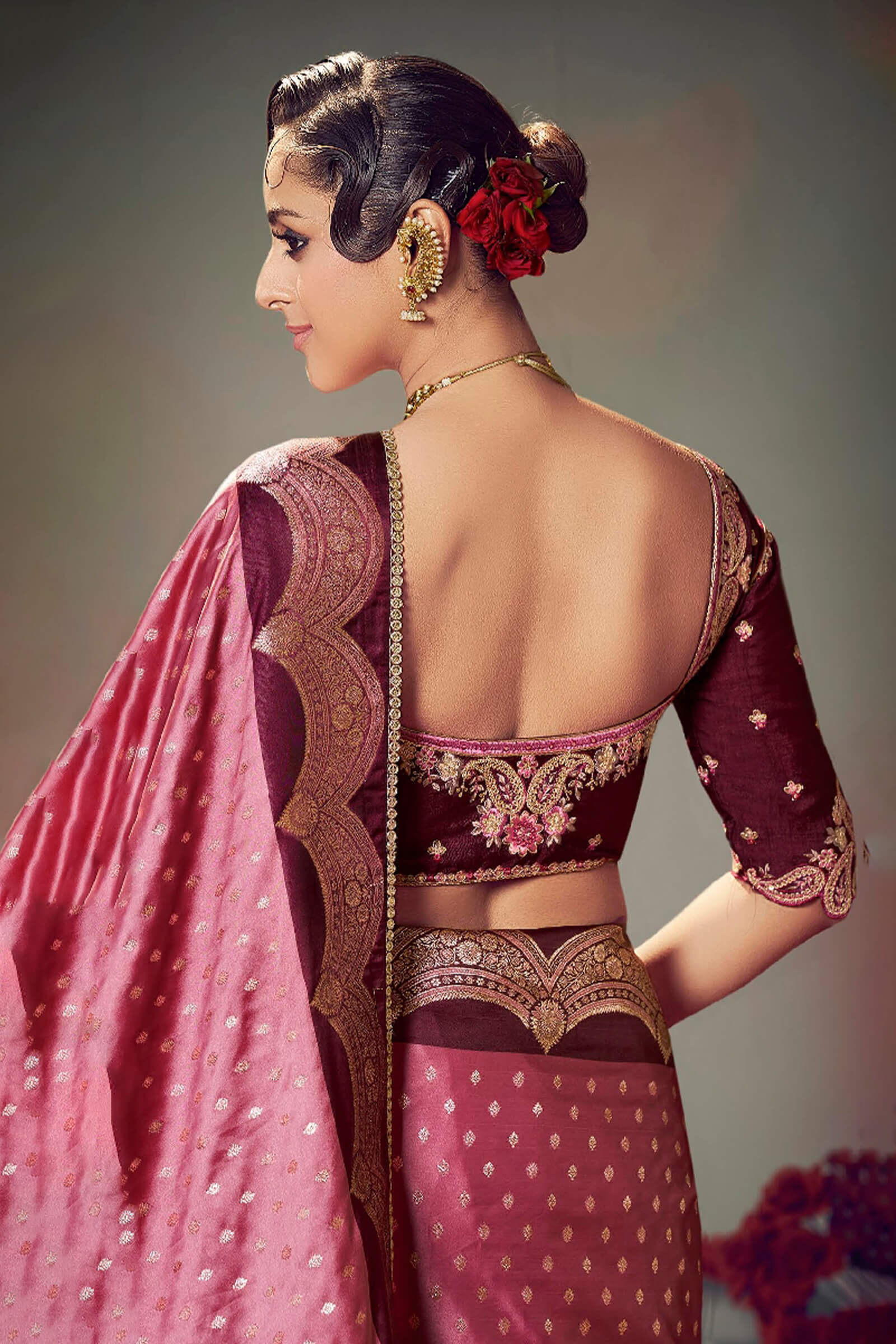 Staring Pink Banarasi Satin Silk Saree With Intricate Blouse Piece