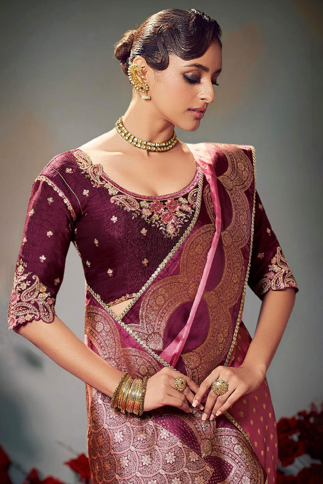 Staring Pink Banarasi Satin Silk Saree With Intricate Blouse Piece