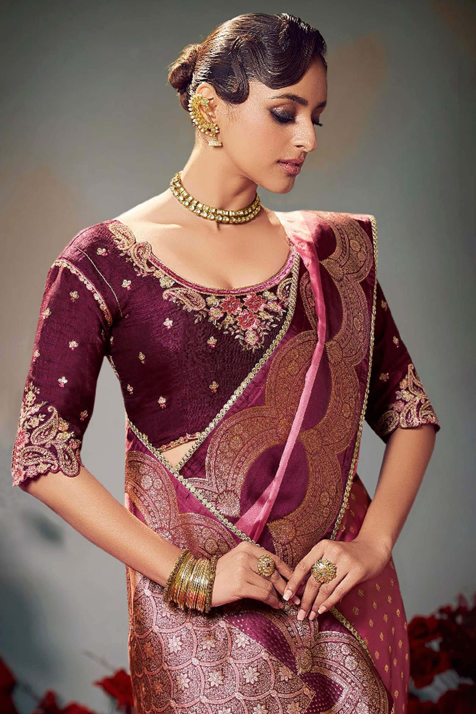 Staring Pink Banarasi Satin Silk Saree With Intricate Blouse Piece