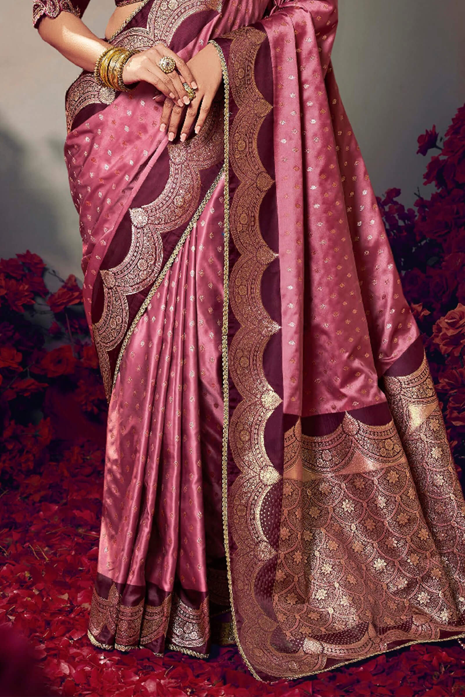Staring Pink Banarasi Satin Silk Saree With Intricate Blouse Piece