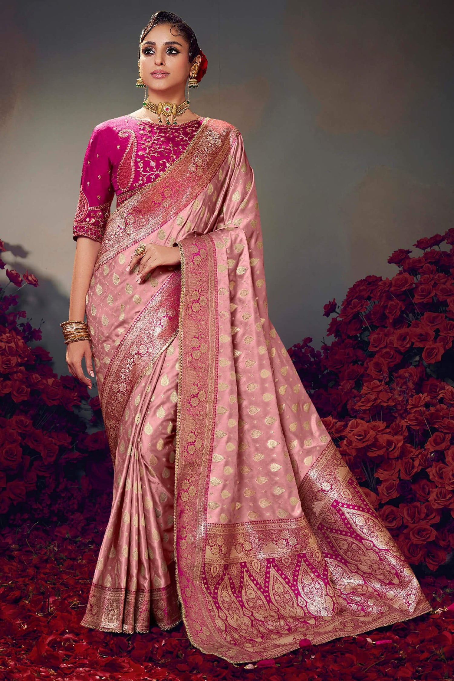 Supernal Baby Pink Banarasi Satin Silk Saree With Elision Blouse Piece