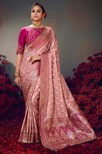 Supernal Baby Pink Banarasi Satin Silk Saree With Elision Blouse Piece