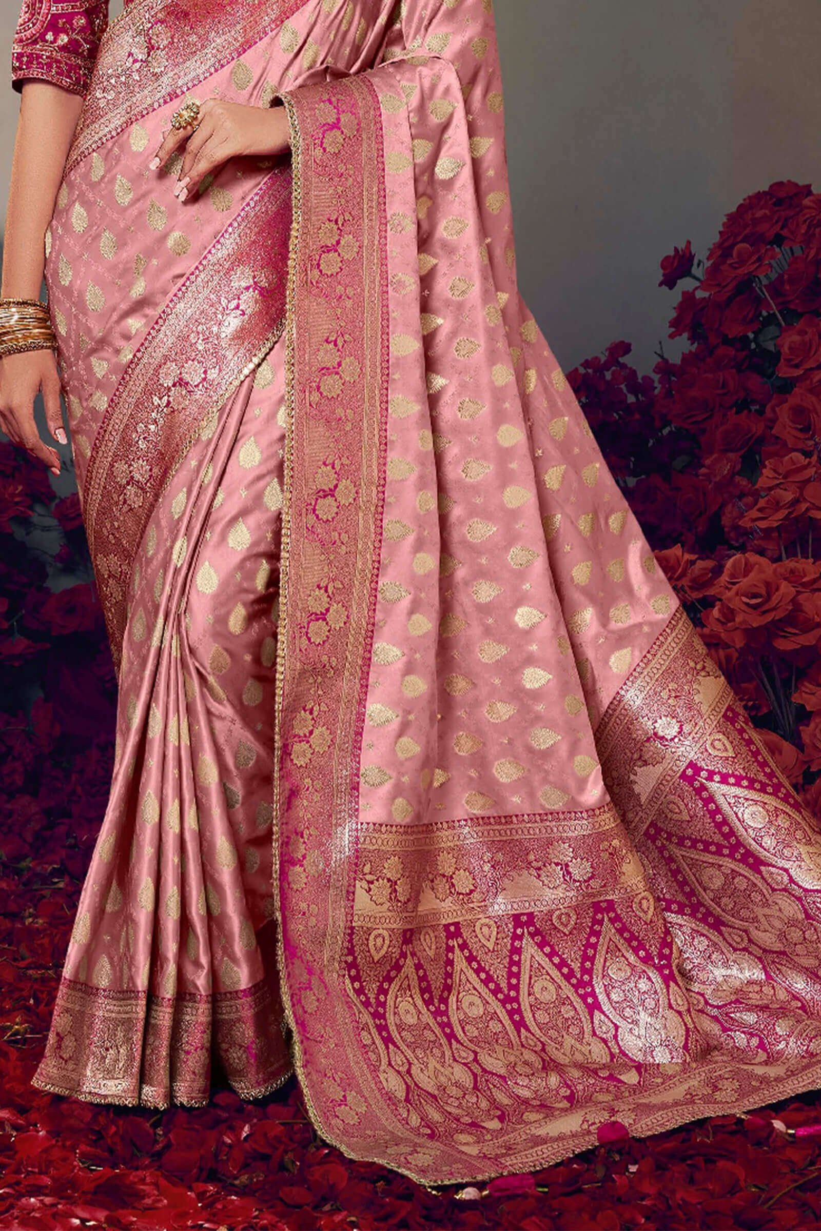 Supernal Baby Pink Banarasi Satin Silk Saree With Elision Blouse Piece