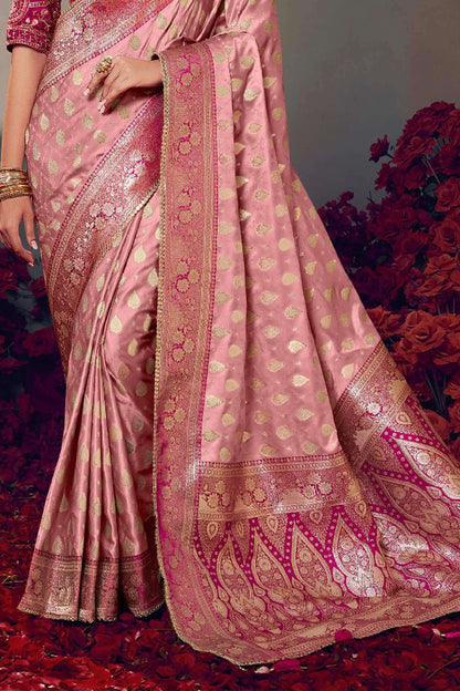 Supernal Baby Pink Banarasi Satin Silk Saree With Elision Blouse Piece