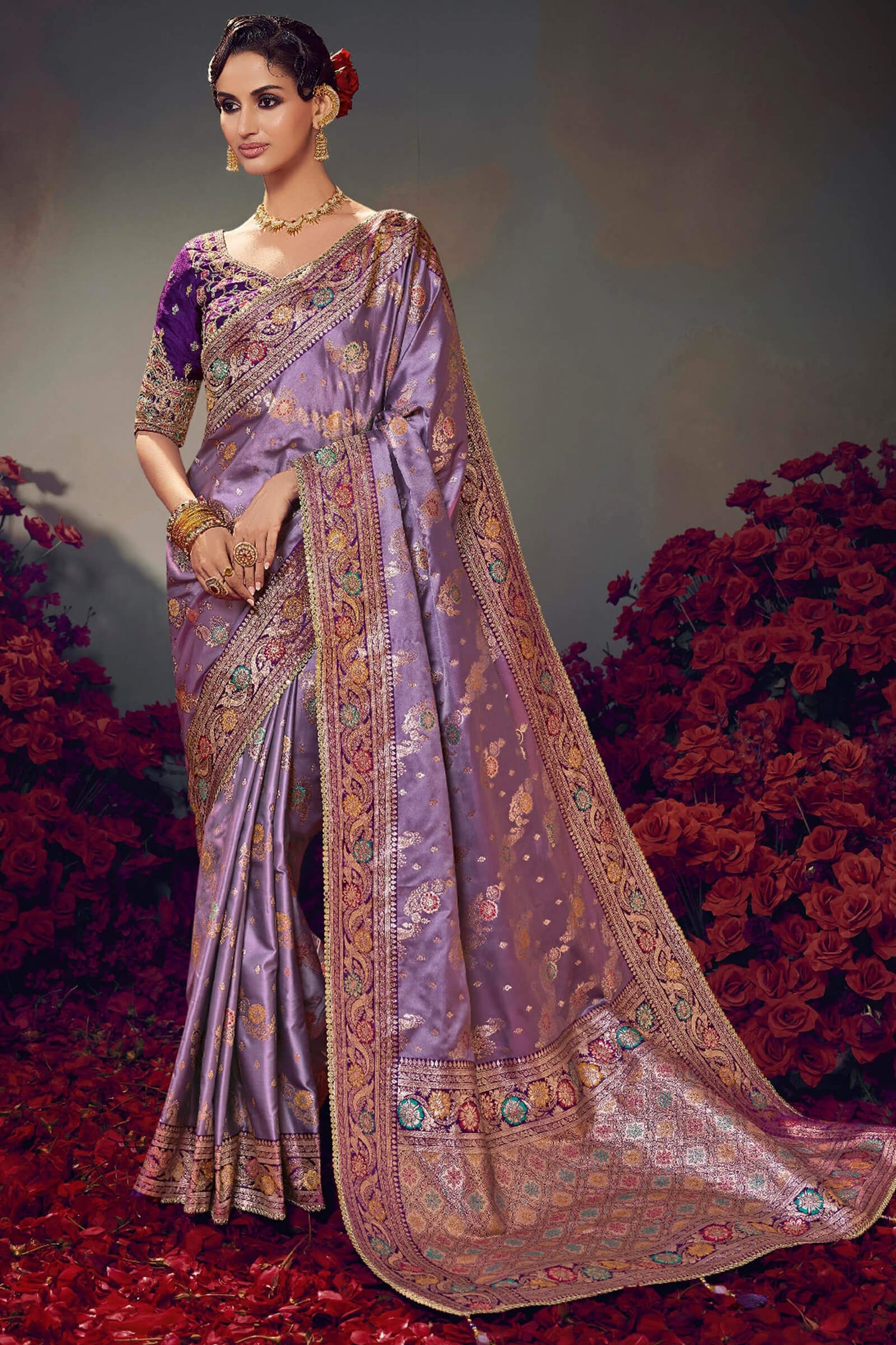 Unequalled Lavender Banarasi Satin Silk Saree With Admirable Blouse Piece