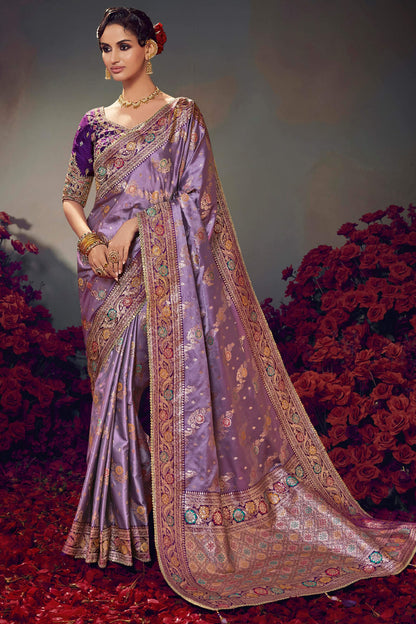 Unequalled Lavender Banarasi Satin Silk Saree With Admirable Blouse Piece