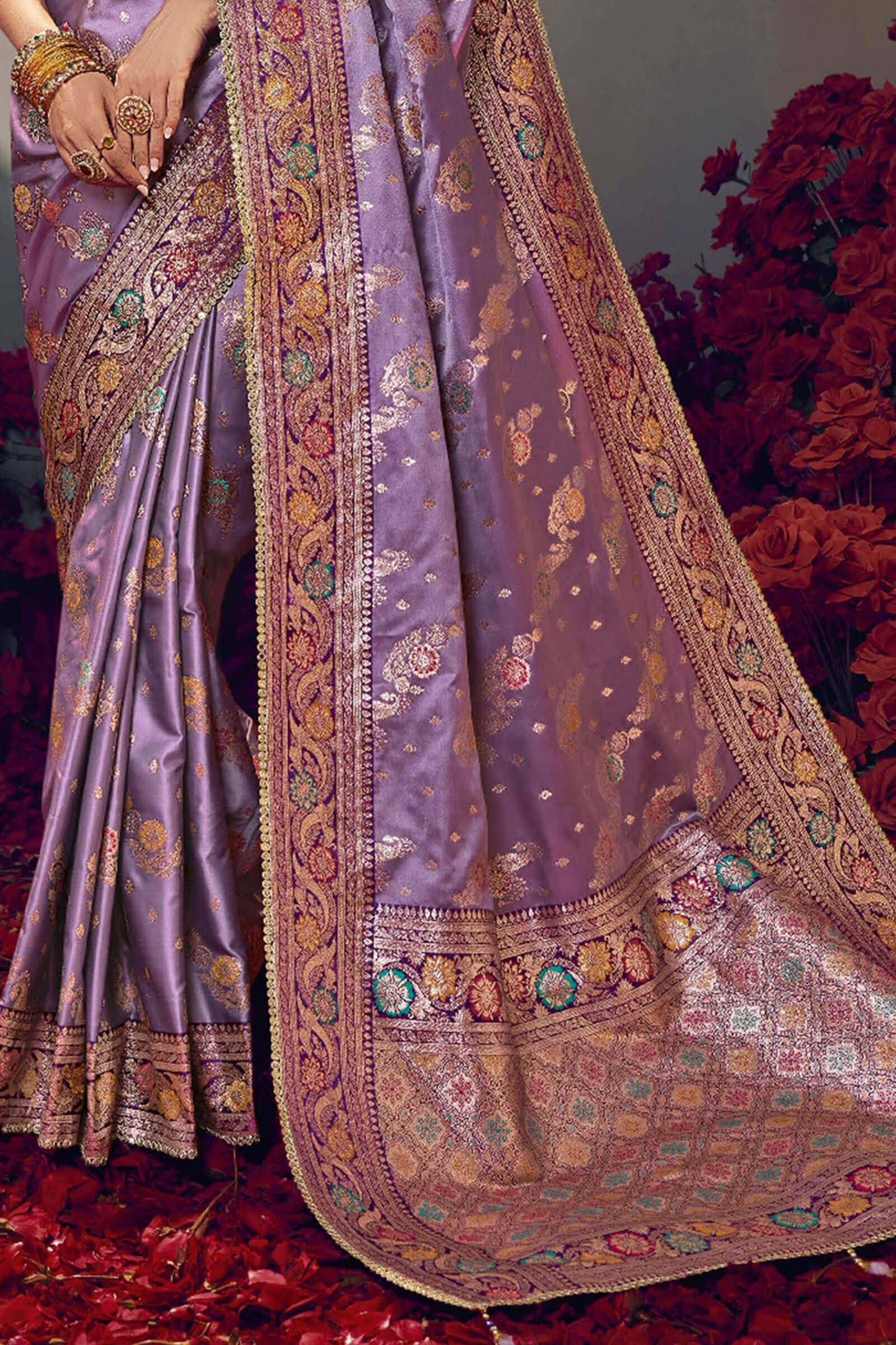 Unequalled Lavender Banarasi Satin Silk Saree With Admirable Blouse Piece