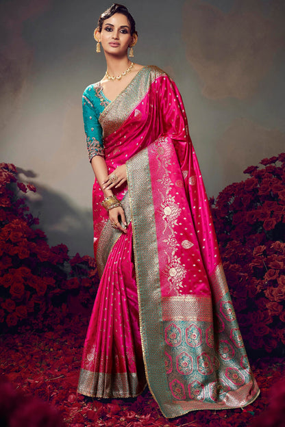 Pretty Dark Pink Banarasi Satin Silk Saree With Cynosure Blouse Piece