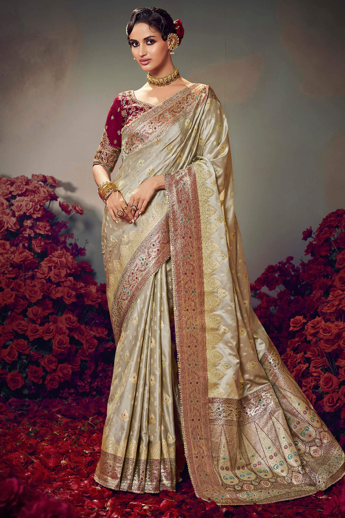 Nebula Beige Banarasi Satin Silk Saree With Twirling Blouse Piece