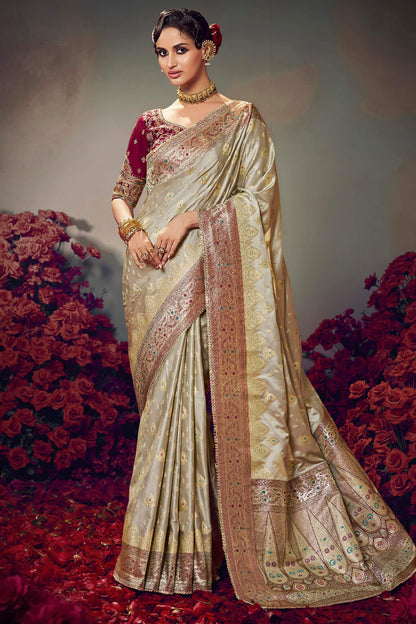 Nebula Beige Banarasi Satin Silk Saree With Twirling Blouse Piece