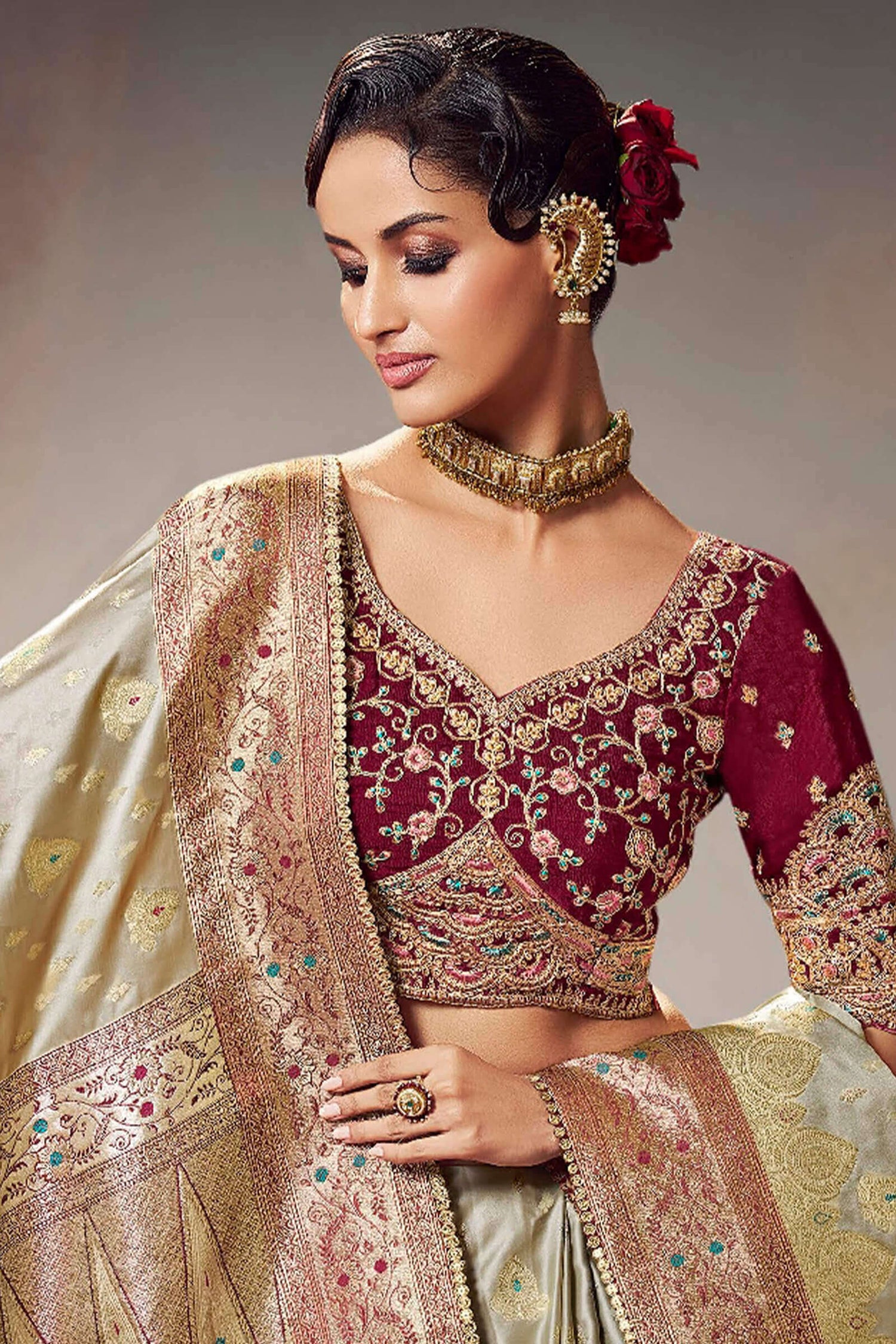 Nebula Beige Banarasi Satin Silk Saree With Twirling Blouse Piece