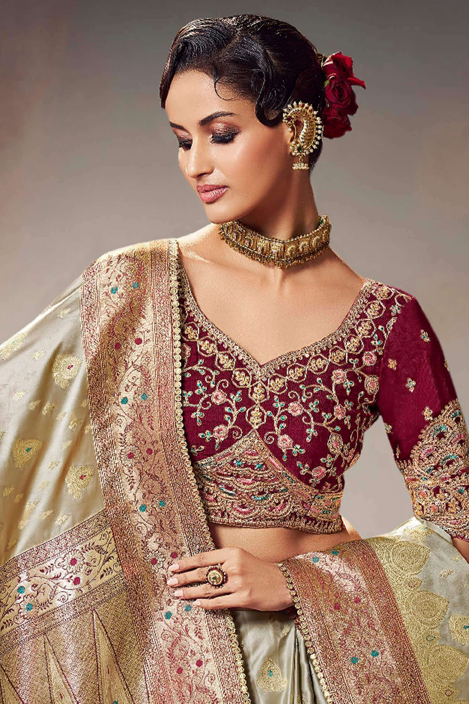 Nebula Beige Banarasi Satin Silk Saree With Twirling Blouse Piece