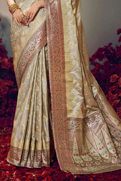 Nebula Beige Banarasi Satin Silk Saree With Twirling Blouse Piece