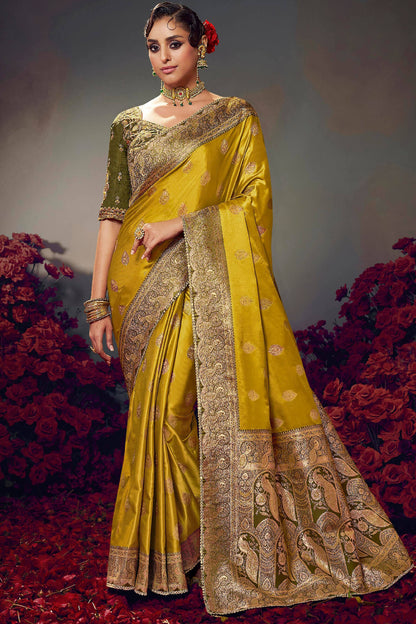 Prodigal Mustard Banarasi Satin Silk Saree With Arresting Blouse Piece