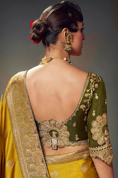 Prodigal Mustard Banarasi Satin Silk Saree With Arresting Blouse Piece