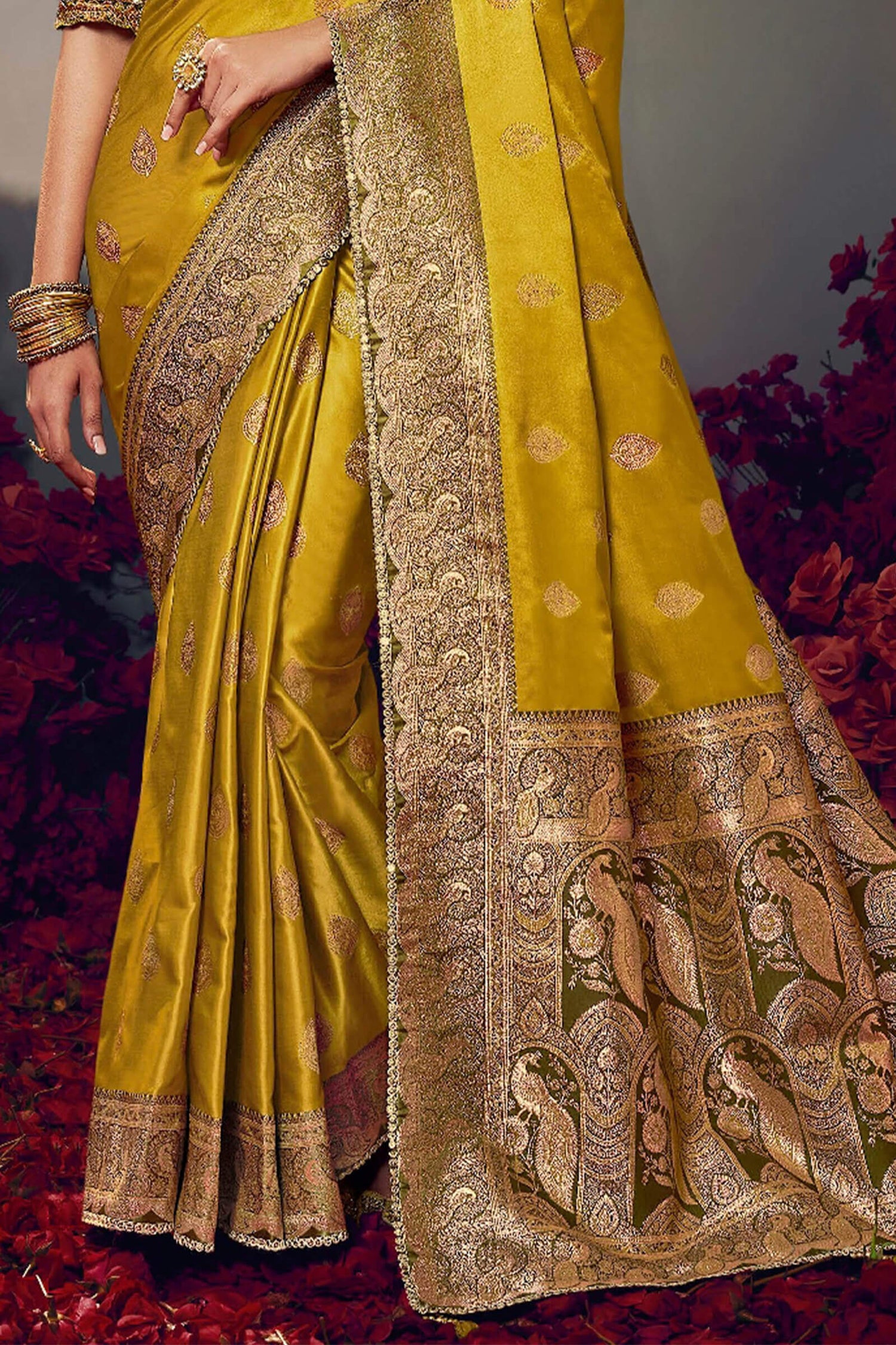 Prodigal Mustard Banarasi Satin Silk Saree With Arresting Blouse Piece