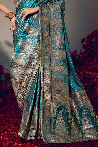 Engaging Rama Banarasi Satin Silk Saree With Smart Blouse Piece