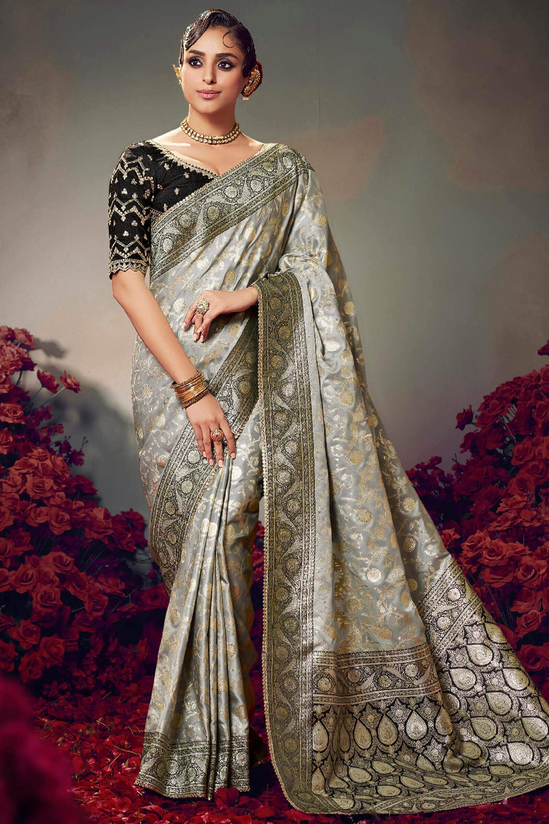 Gorgeous Grey Banarasi Satin Silk Saree With Classy Blouse Piece