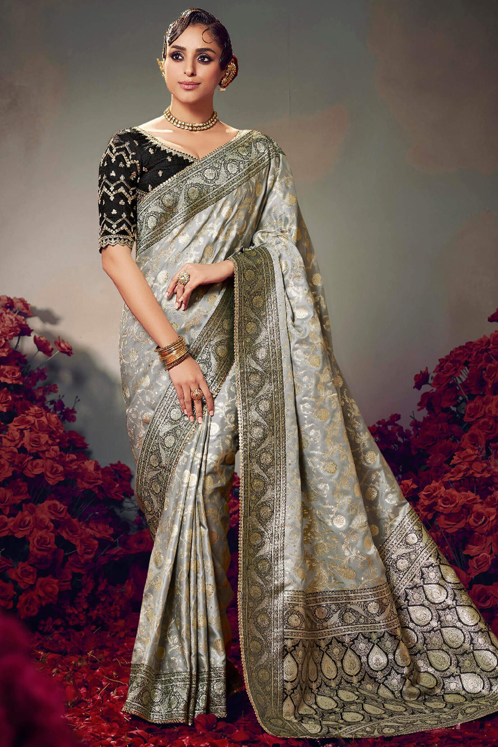 Gorgeous Grey Banarasi Satin Silk Saree With Classy Blouse Piece