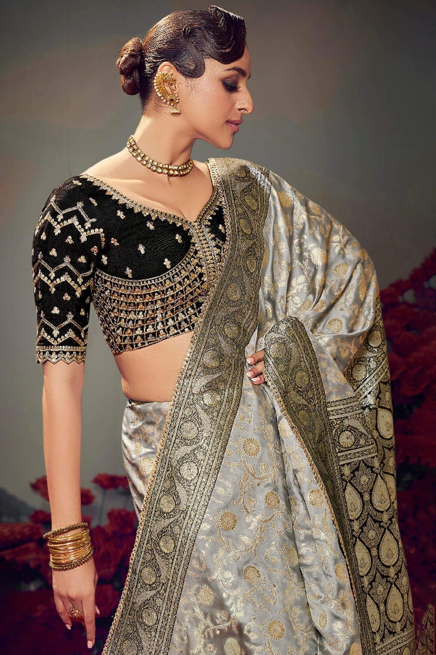 Gorgeous Grey Banarasi Satin Silk Saree With Classy Blouse Piece
