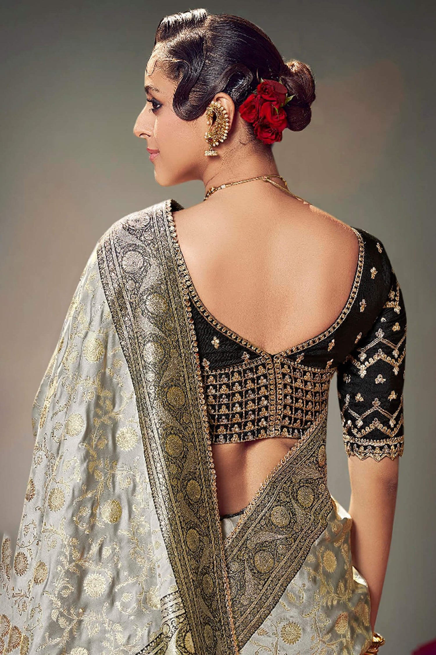 Gorgeous Grey Banarasi Satin Silk Saree With Classy Blouse Piece