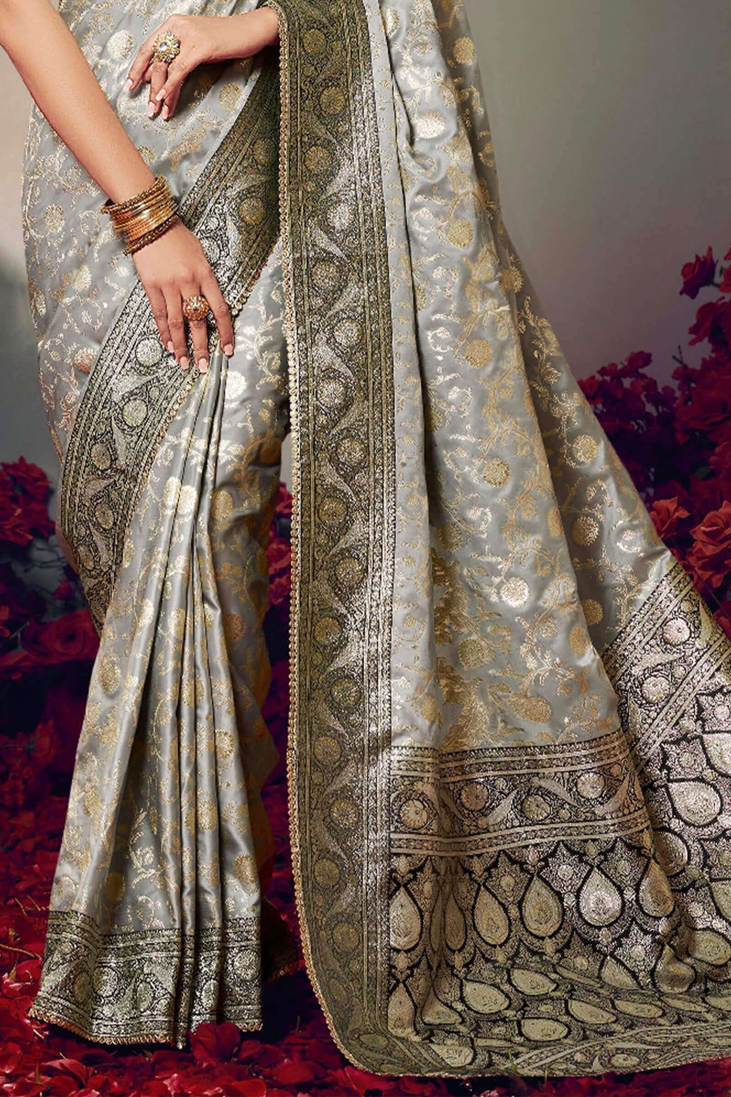Gorgeous Grey Banarasi Satin Silk Saree With Classy Blouse Piece