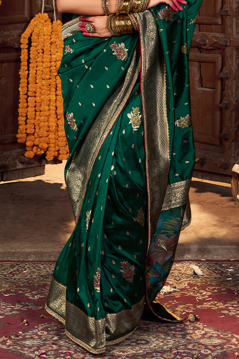 Mesmeric Dark Green Pure Viscose Dola Silk Saree With Radiant Blouse Piece