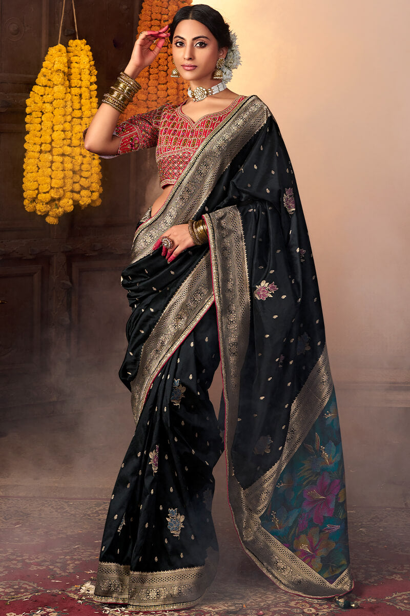 Scintillating Black Pure Viscose Dola Silk Saree With Lassitude Blouse Piece