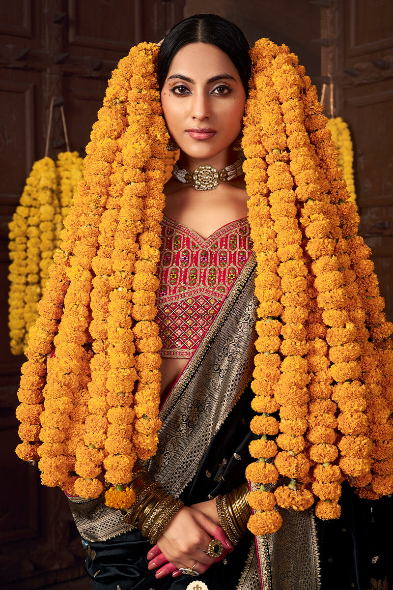 Scintillating Black Pure Viscose Dola Silk Saree With Lassitude Blouse Piece