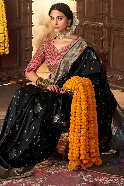 Scintillating Black Pure Viscose Dola Silk Saree With Lassitude Blouse Piece