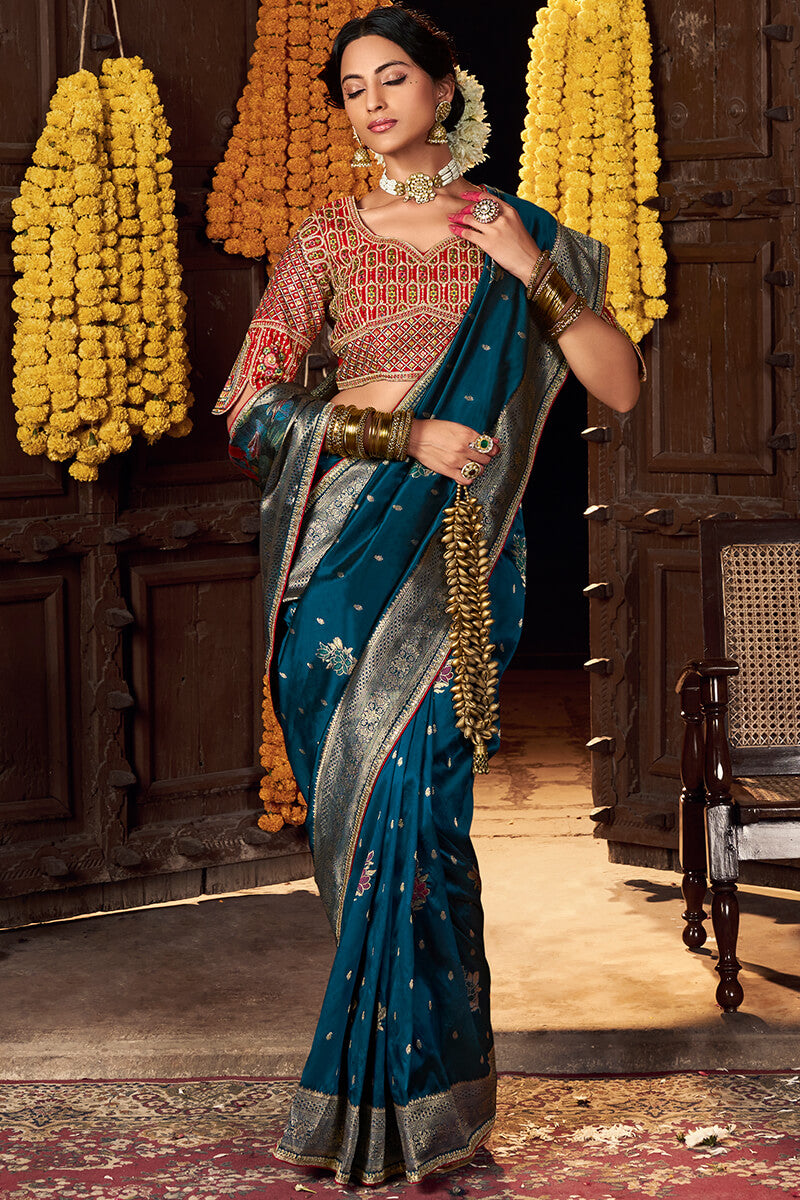 Lovely Teal Blue Pure Viscose Dola Silk Saree With Exceptional Blouse Piece