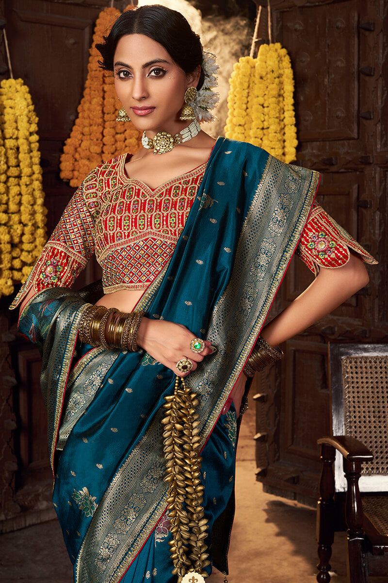 Lovely Teal Blue Pure Viscose Dola Silk Saree With Exceptional Blouse Piece