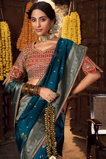Lovely Teal Blue Pure Viscose Dola Silk Saree With Exceptional Blouse Piece