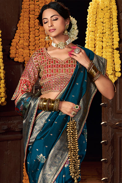 Lovely Teal Blue Pure Viscose Dola Silk Saree With Exceptional Blouse Piece