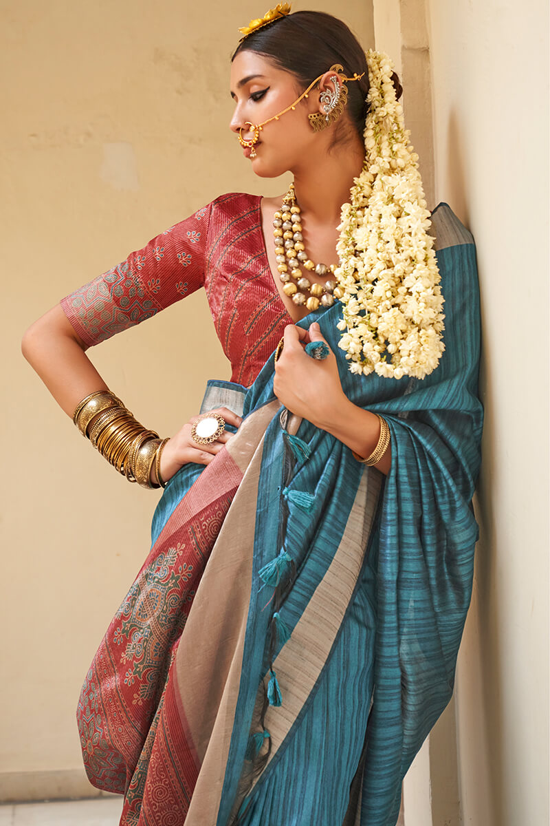 Serendipity Teal Blue Cotton Silk Saree With Artistic Blouse Piece