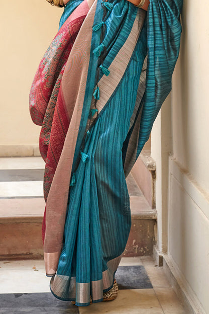 Serendipity Teal Blue Cotton Silk Saree With Artistic Blouse Piece