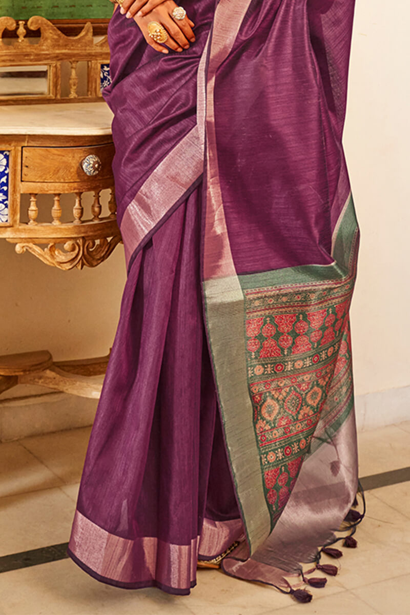 Supernal Purple Cotton Silk Saree With Dulcet Blouse Piece